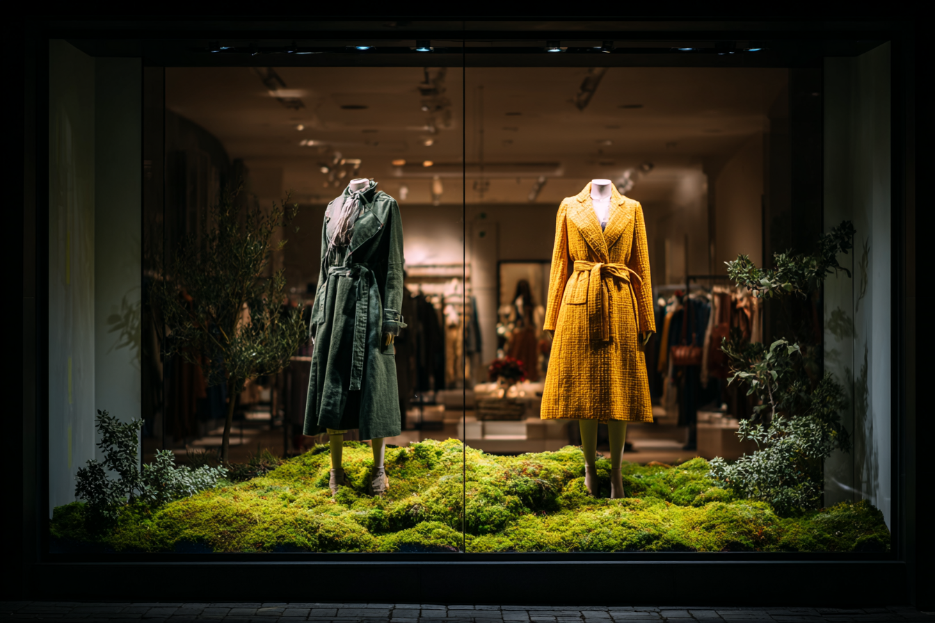Women's clothing boutique window display decorated with preserved moss
